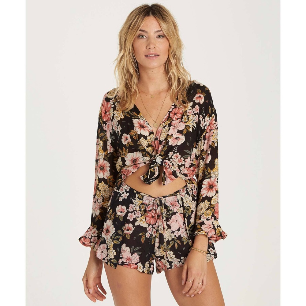 BILLABONG Black/Pink Floral Shirt/Short Set Sz SM